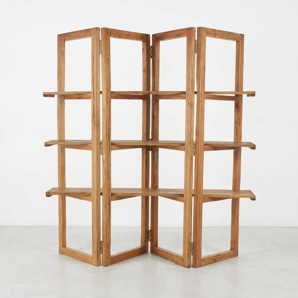Foldable wooden bookshelf with multiple shelves.