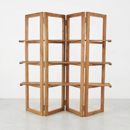 Foldable wooden bookshelf with multiple shelves.