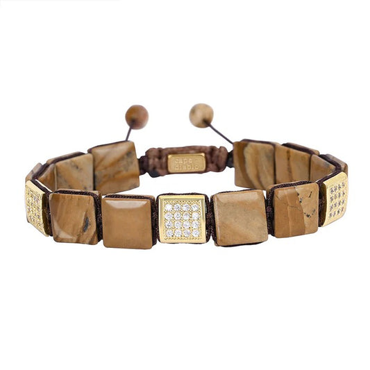 Brown beaded bracelet with square stones and adjustable closure.