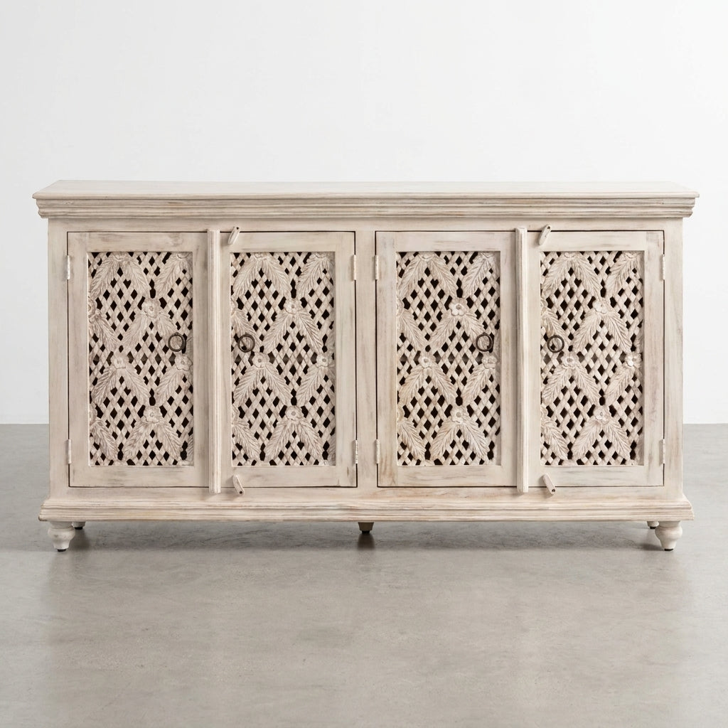 Open wooden cabinet with two ornate doors and shelves.
