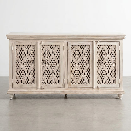 Open wooden cabinet with two ornate doors and shelves.