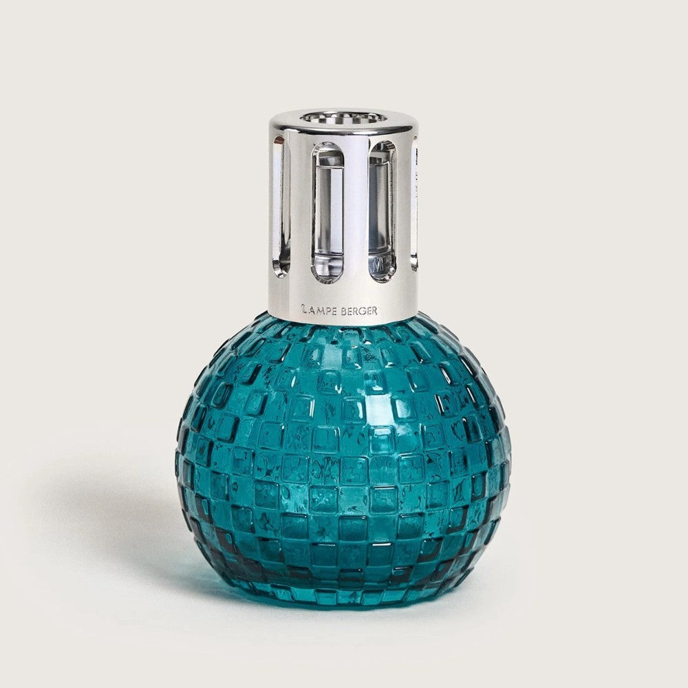 Teal, textured fragrance lamp with silver-toned cap.