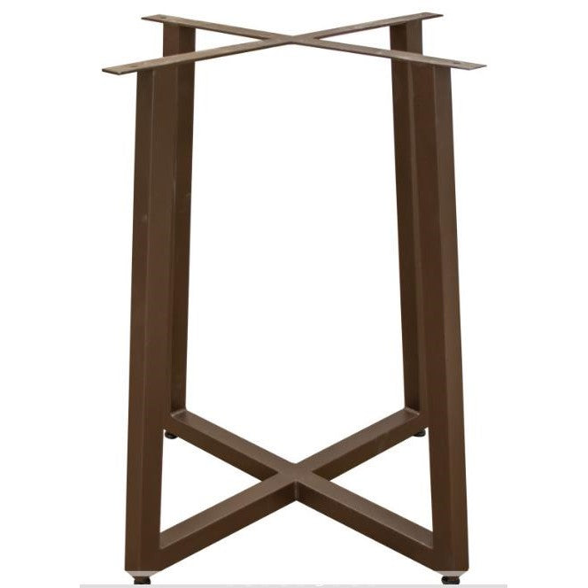 Brown metal table base with an X-shaped design.