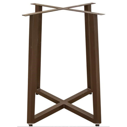 Brown metal table base with an X-shaped design.