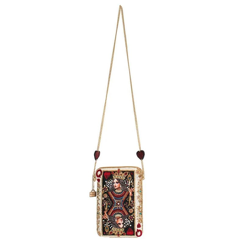 Playing card-themed bag with queen design and heart chain accents.