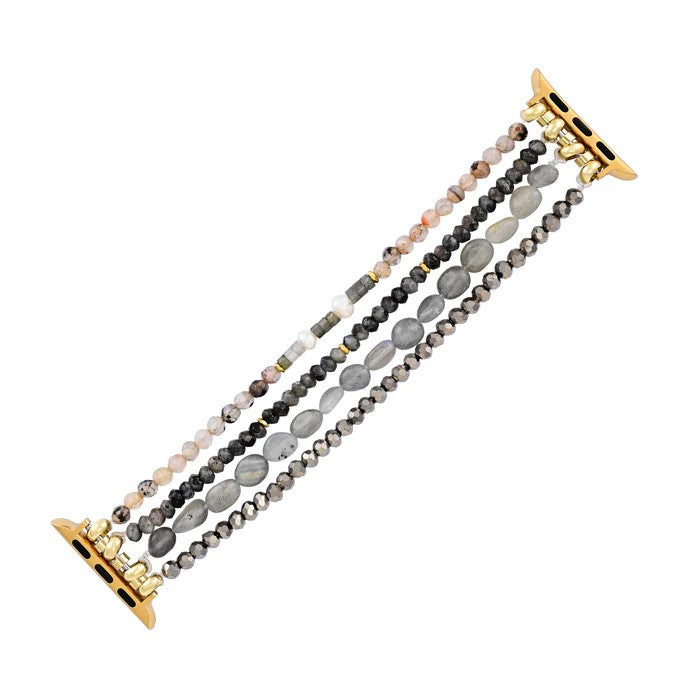 Multicolor beaded watch band with gold connectors.
