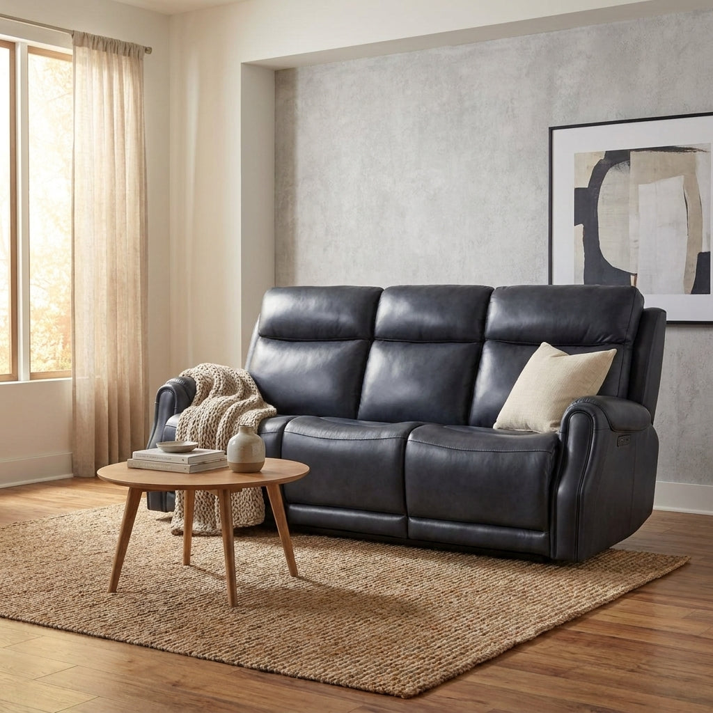 Cozy living room with a dark sofa, knit throw, and round coffee table.