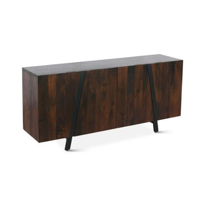 Wooden sideboard with dark finish and sleek black legs.