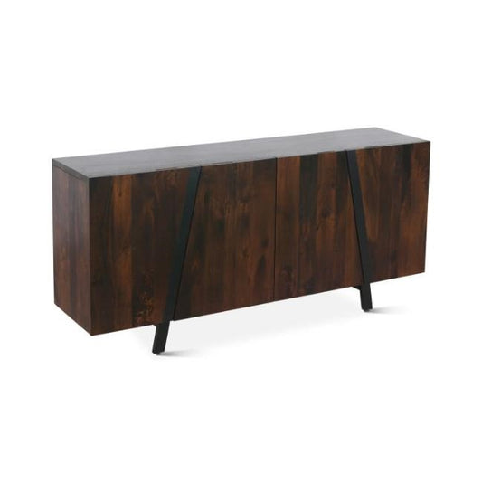 Wooden sideboard with dark finish and sleek black legs.
