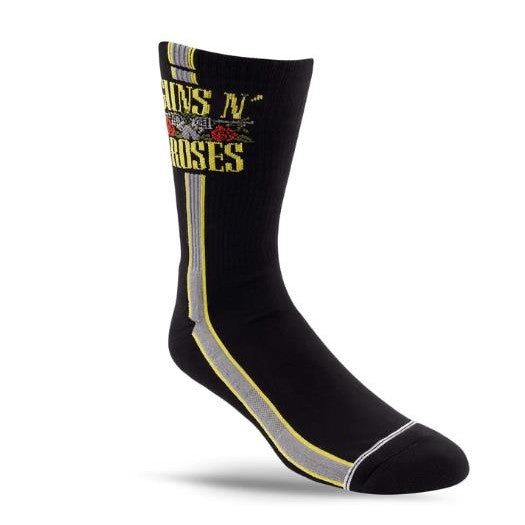 Black sock with yellow text and stripes design.