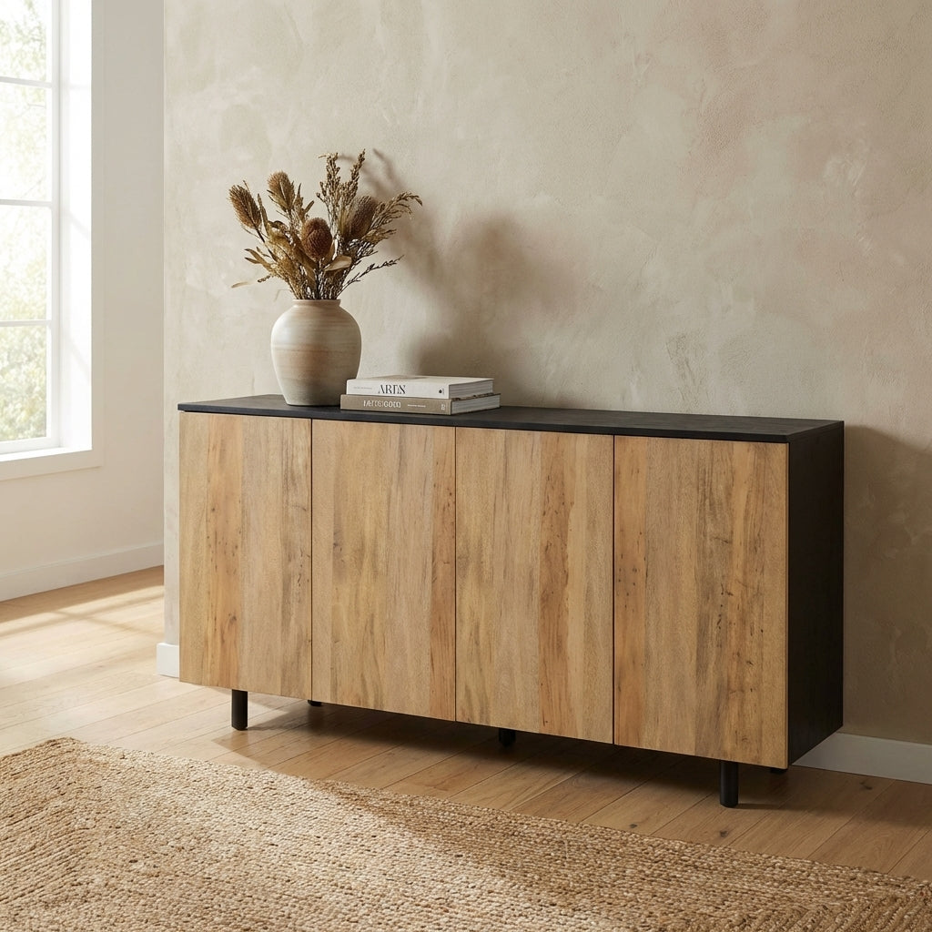 Modern wooden sideboard with black accents and four doors.