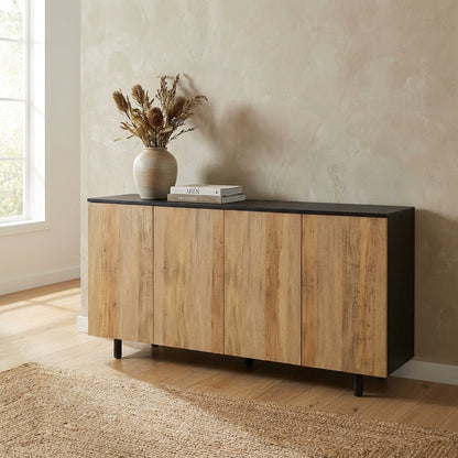 Modern wooden sideboard with black accents and four doors.