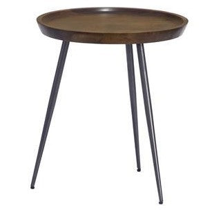 Round wooden table with three slender metal legs.