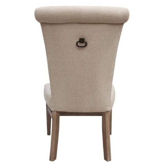 Beige upholstered chair with wooden legs viewed from the back.