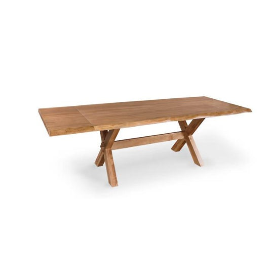 Wood dining table with crossed legs and rectangular top.