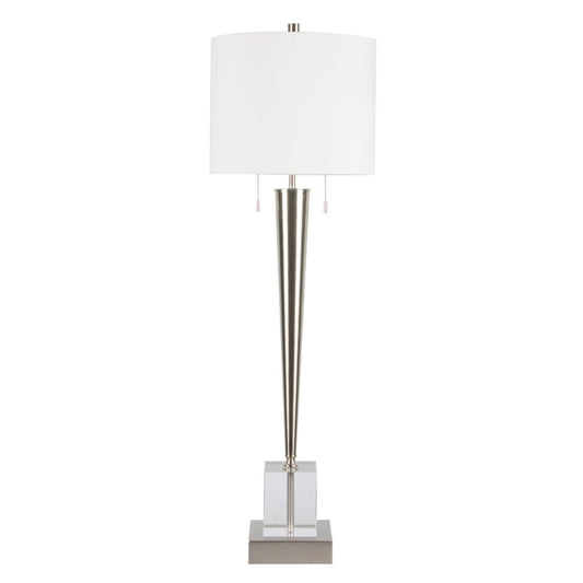 Tall, sleek table lamp with a white shade and silver base.