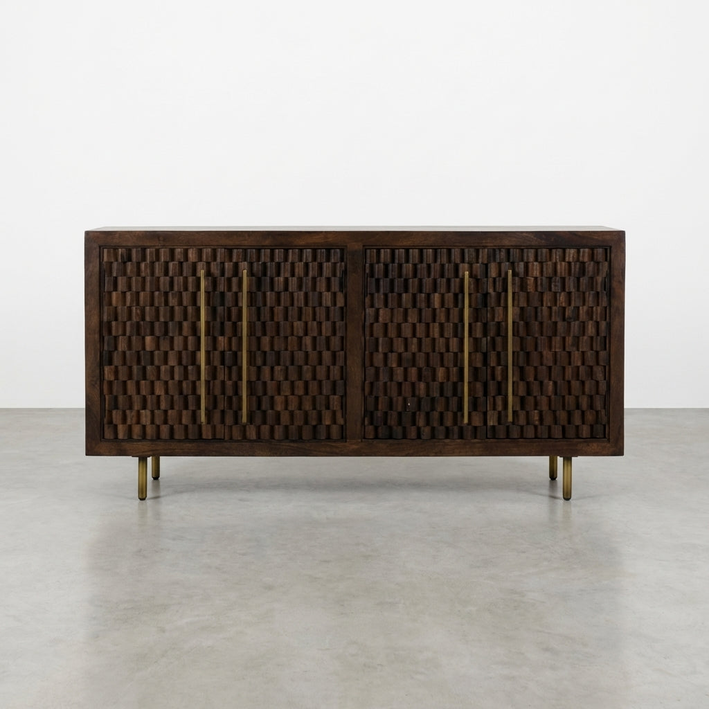 Dark wood sideboard with open woven doors and brass legs.