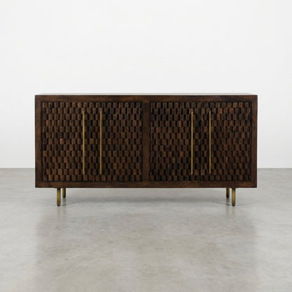 Dark wood sideboard with open woven doors and brass legs.