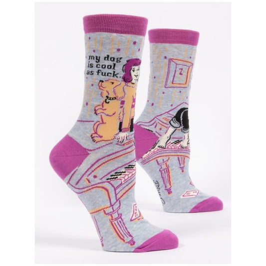 Funky socks with a colorful design of a dog and text.