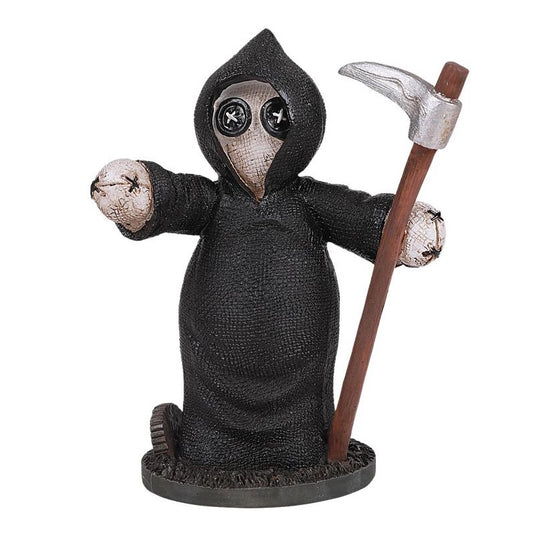 Cute grim reaper figurine with button eyes and a scythe.
