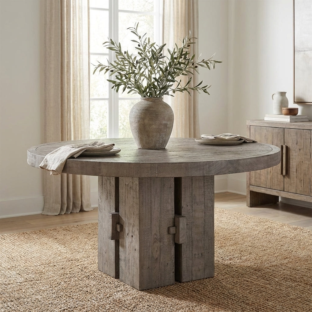 Rustic round wooden dining table with a chunky base.