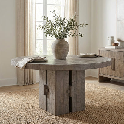 Rustic round wooden dining table with a chunky base.