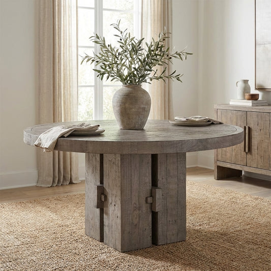 Rustic round wooden dining table with a chunky base.