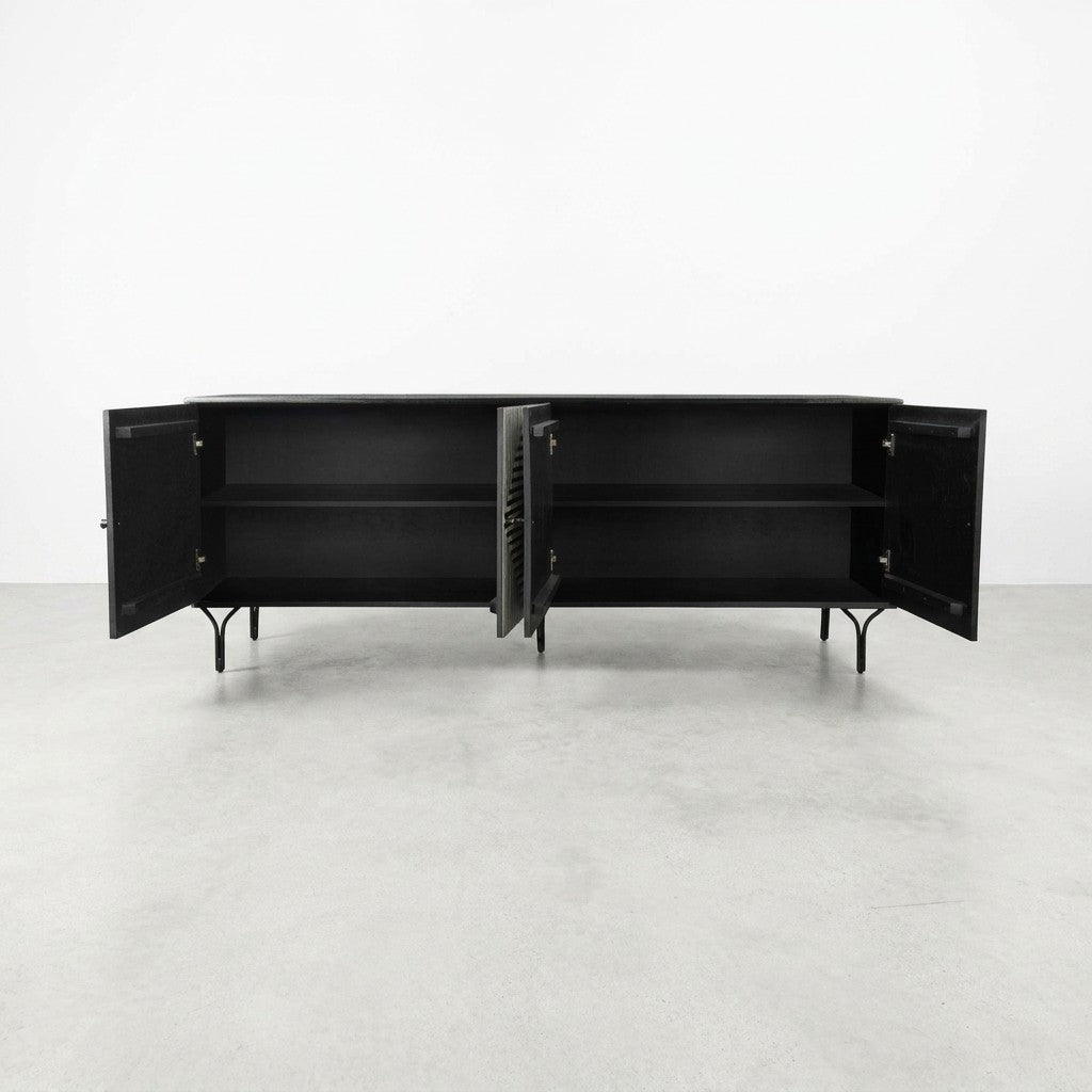 Black cabinet with open doors and two shelves inside.