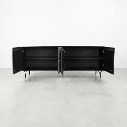 Black cabinet with open doors and two shelves inside.