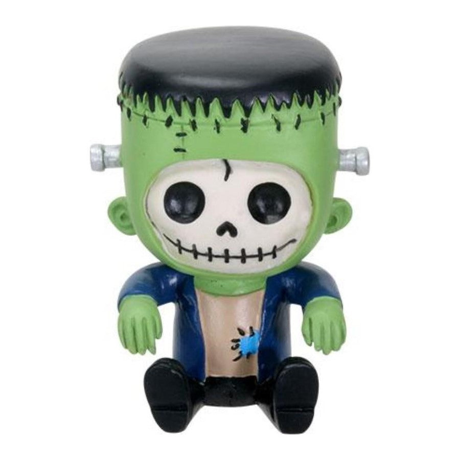 Cartoonish Frankenstein figurine with skeleton face, bolts, and blue jacket.