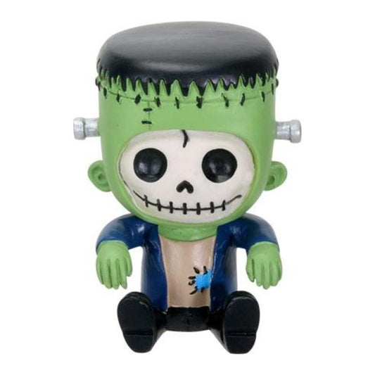 Cartoonish Frankenstein figurine with skeleton face, bolts, and blue jacket.