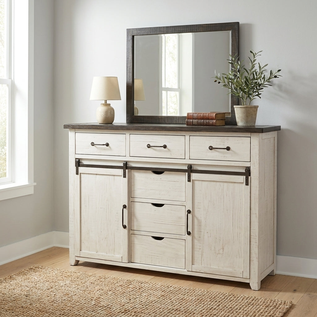 White dresser with mirror, three drawers, and two cabinets.