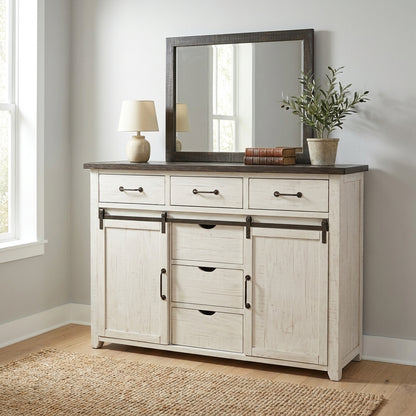 White dresser with mirror, three drawers, and two cabinets.