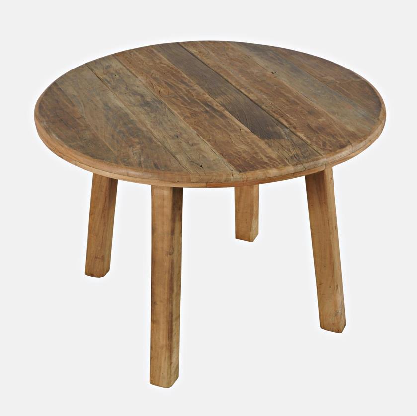 Round wooden table with four legs on a white background.