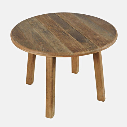 Round wooden table with four legs on a white background.