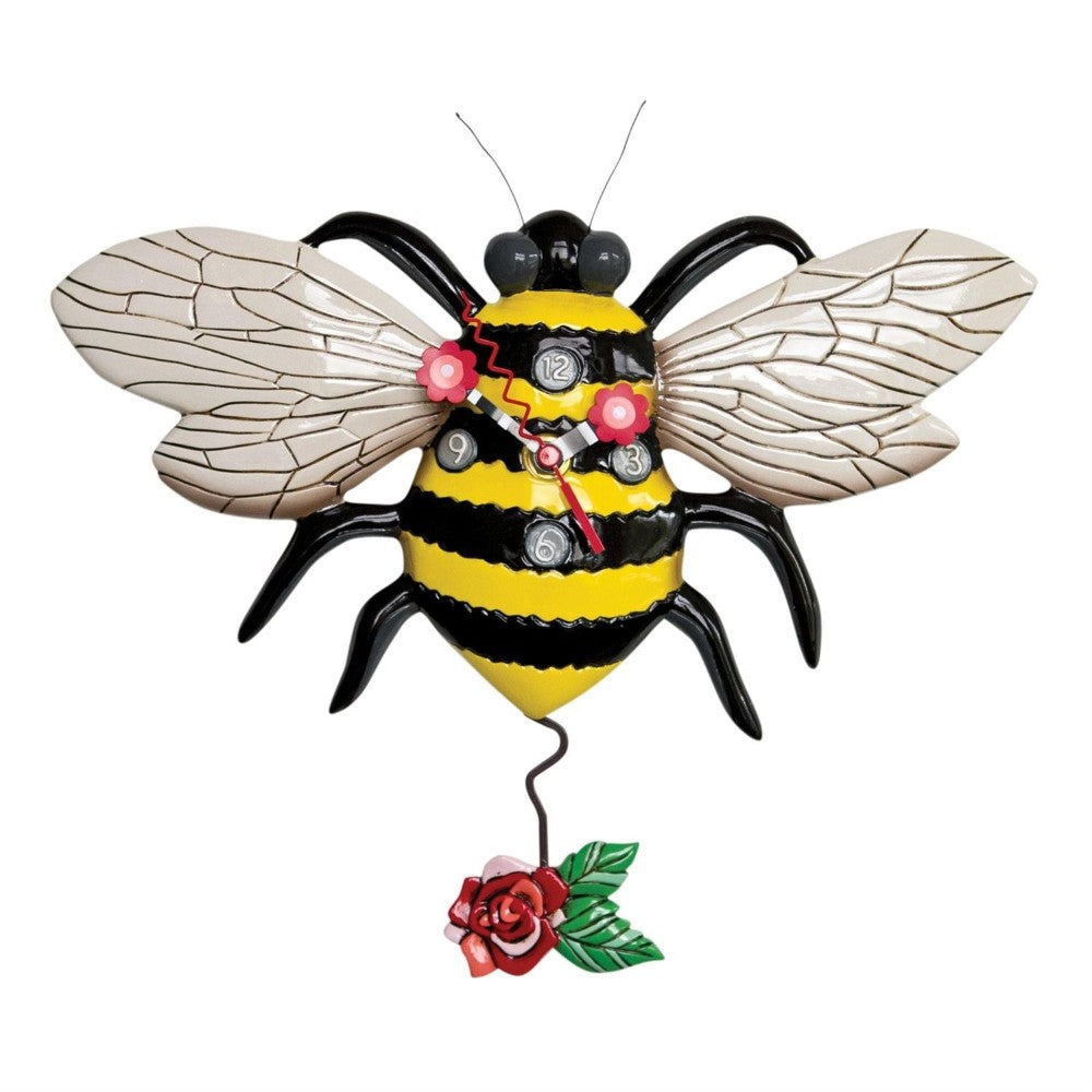 Bee-themed clock with wings and a flower pendulum.