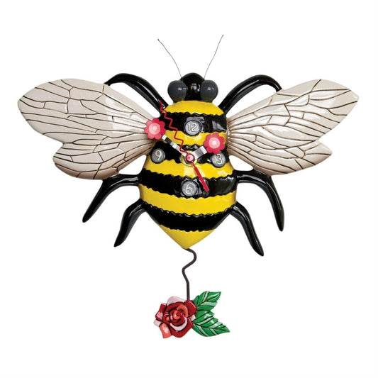 Bee-themed clock with wings and a flower pendulum.