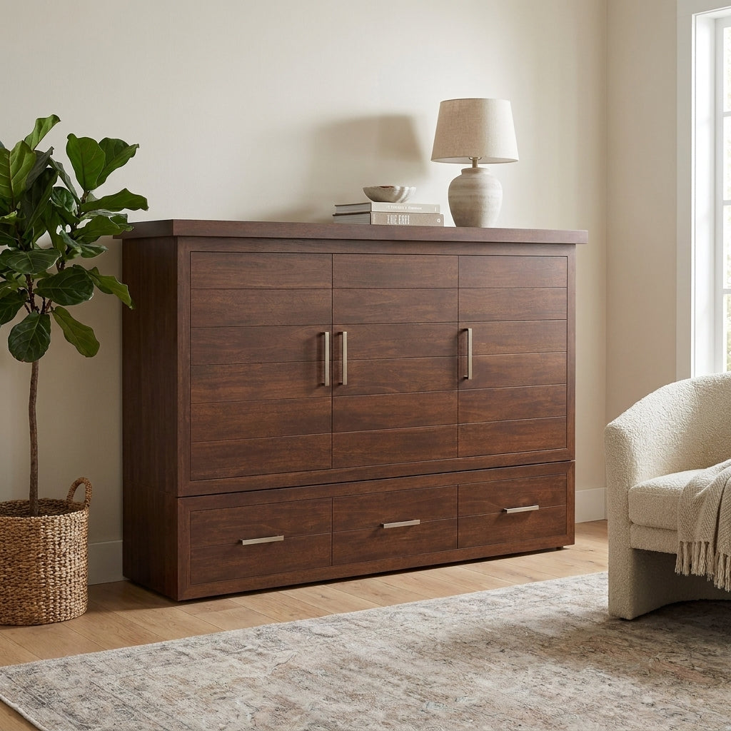 Wooden cabinet, potted plant, lamp, and chair in a cozy living room.