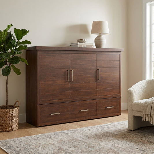 Wooden cabinet, potted plant, lamp, and chair in a cozy living room.