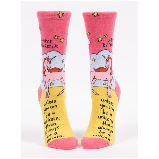 Pink unicorn socks with motivational quote.
