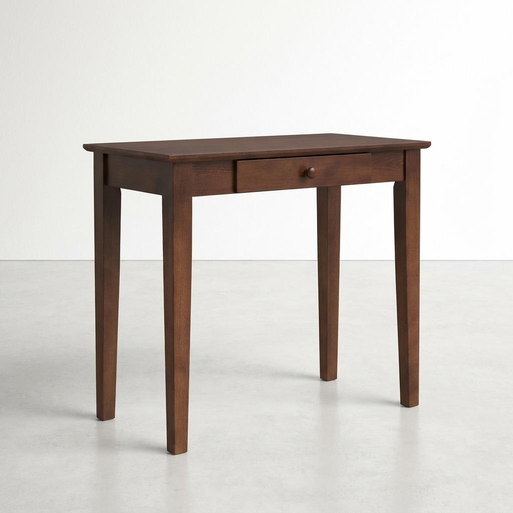 Wooden side table with a single drawer on a smooth floor.