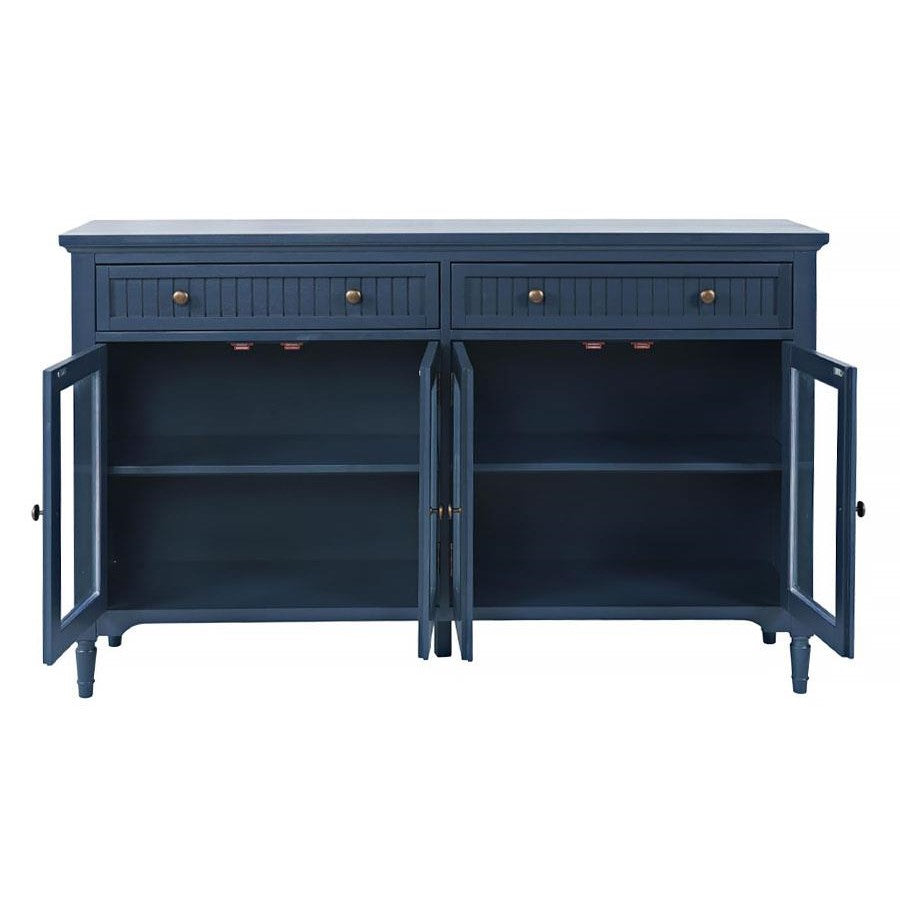 Blue cabinet with open glass doors and two drawers on top.