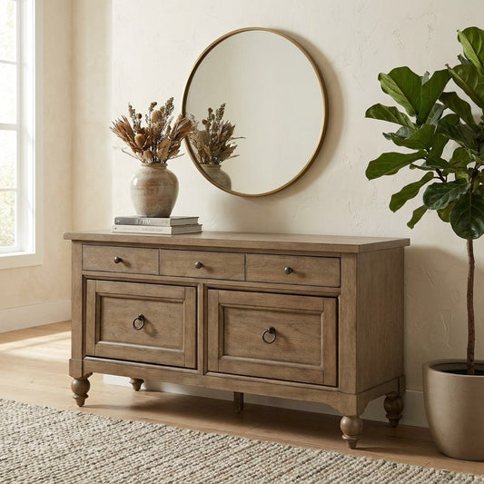 Wooden sideboard with mirror, plant, vase, and books in a bright, cozy room.