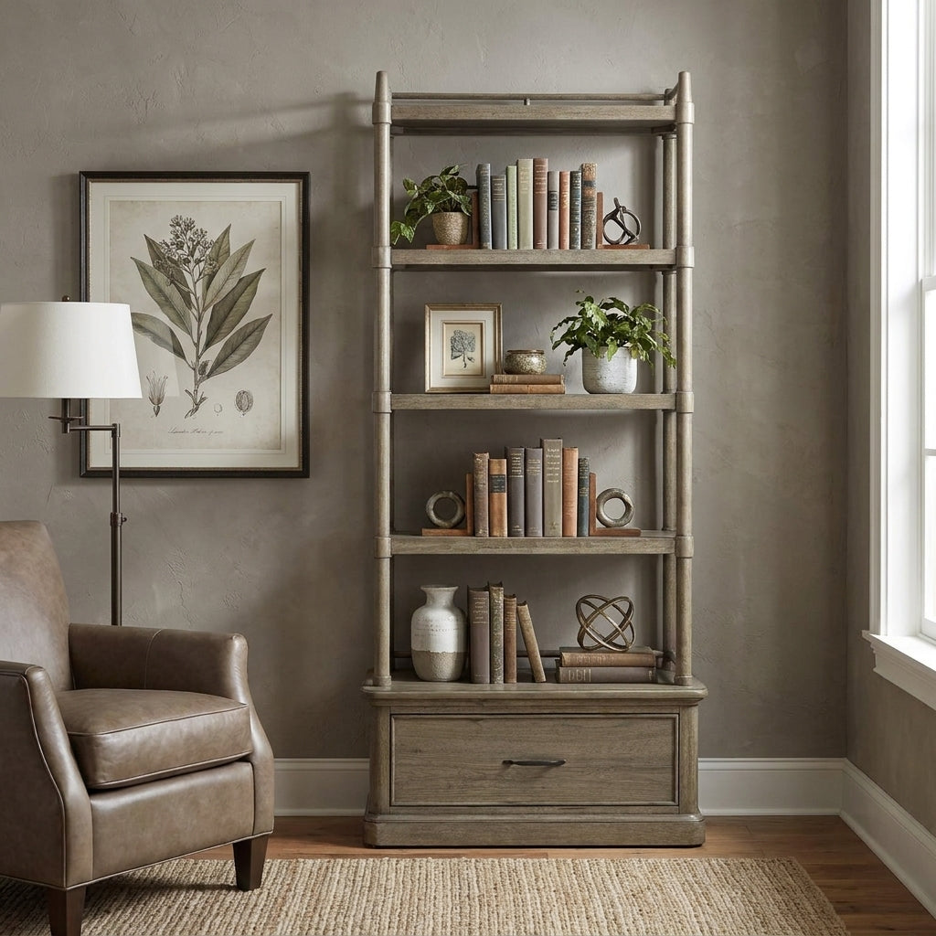 Cozy reading nook with bookshelf, armchair, and plant decor.
