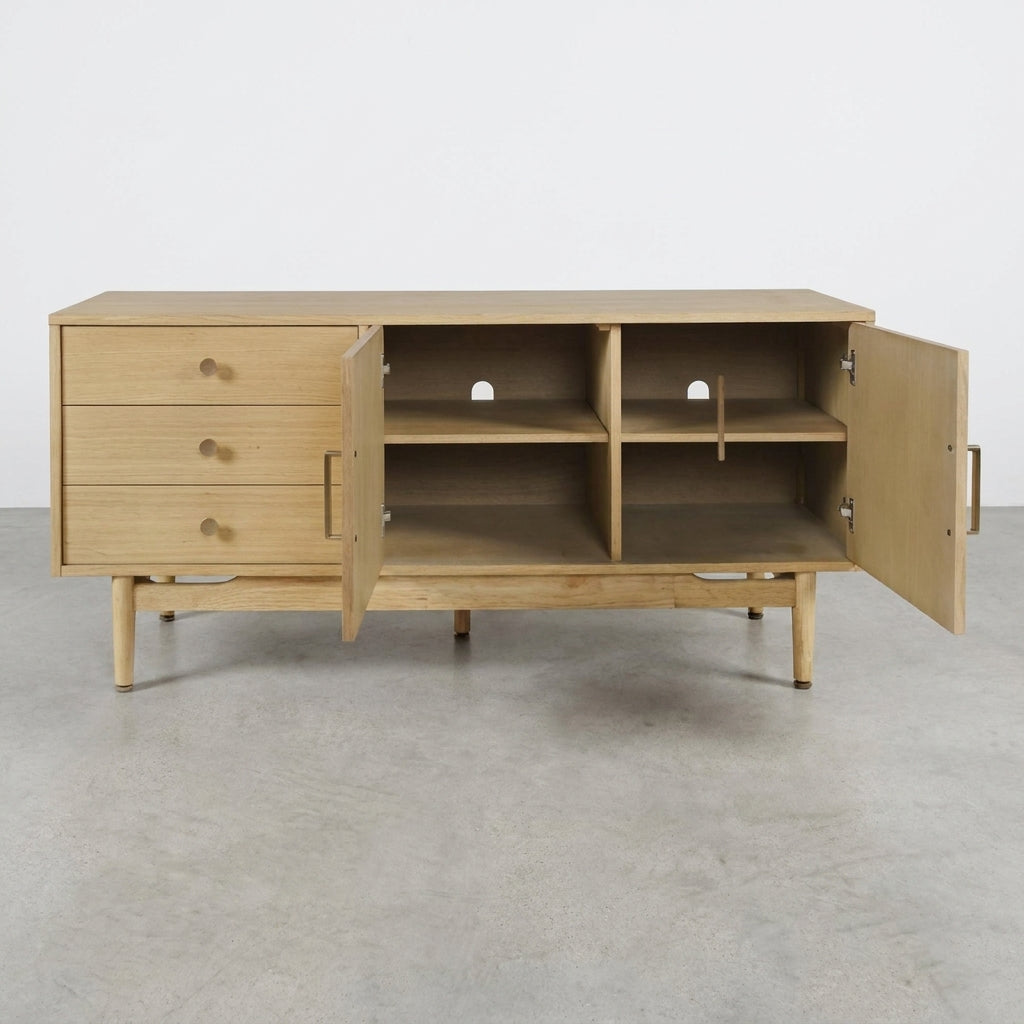 Wooden sideboard with open doors and drawers, featuring shelves and storage.