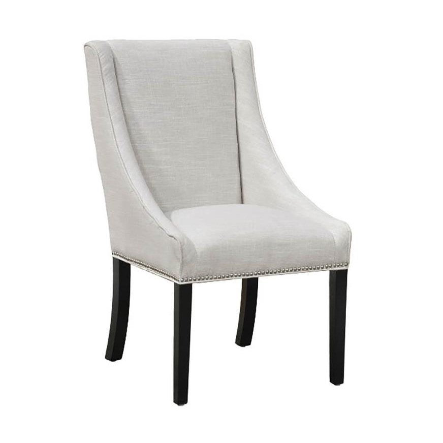 Elegant gray upholstered chair with dark wood legs.