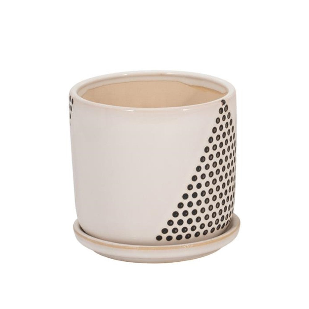 White ceramic pot with black dot pattern and matching saucer.