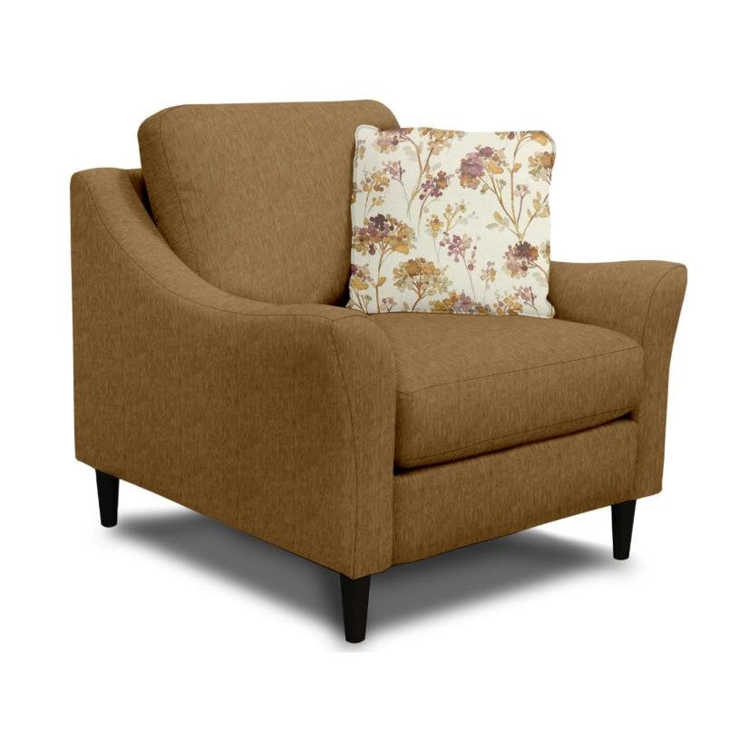 Brown armchair with floral pillow.