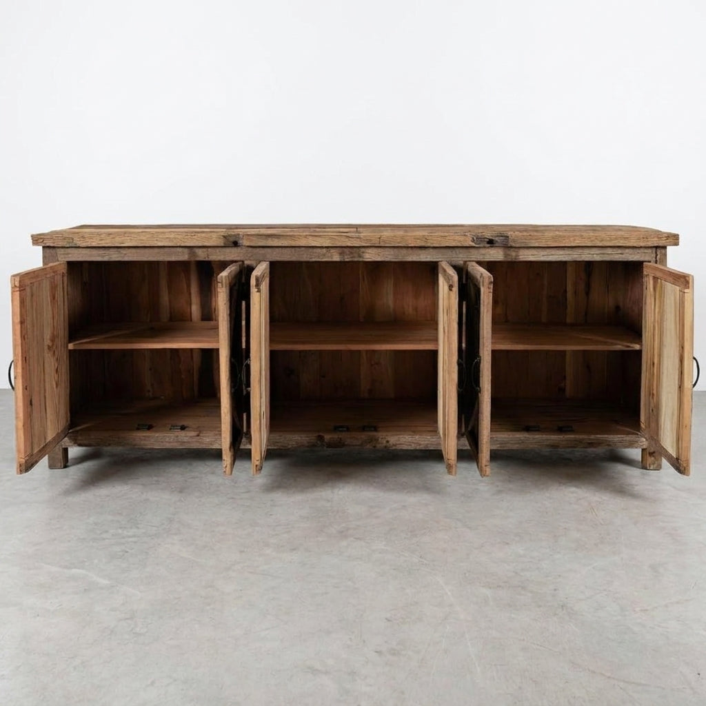 Rustic wooden cabinet with six open doors revealing shelves.