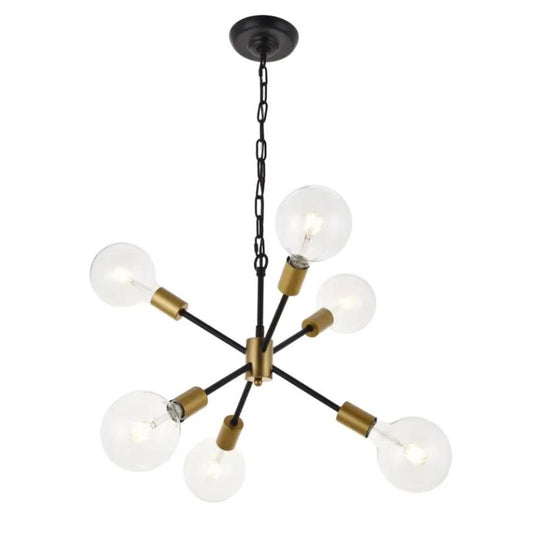 Modern chandelier with six bulbs and black-gold accents.